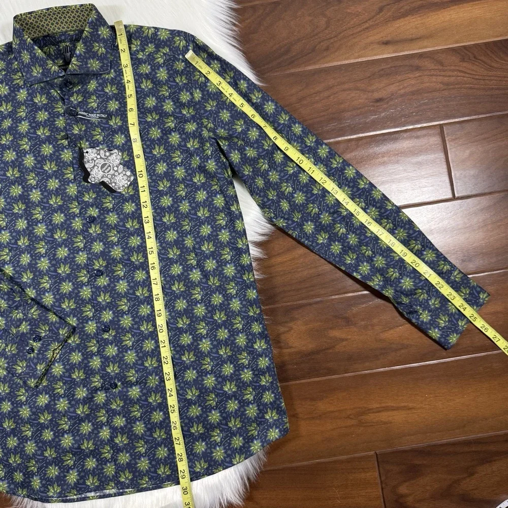 Visconti‎ Black Men's Size Small Green Blue Leaf Print Long Sleeve Shirt